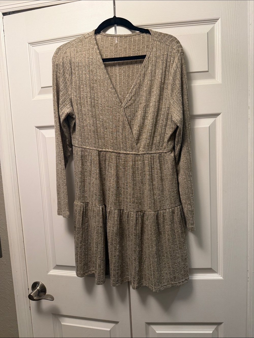 Cupshe Beige Ribbed Knit Tiered Long Sleeve Dress